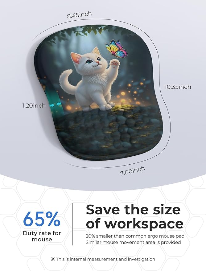 Adorable Kitty Cat Ergonomic Mouse Pad for Carpal Tunnel Pain Relief, 65% Usable Mouse Area, Memory Foam Concave Wrist Rest for Office, PC, Gaming