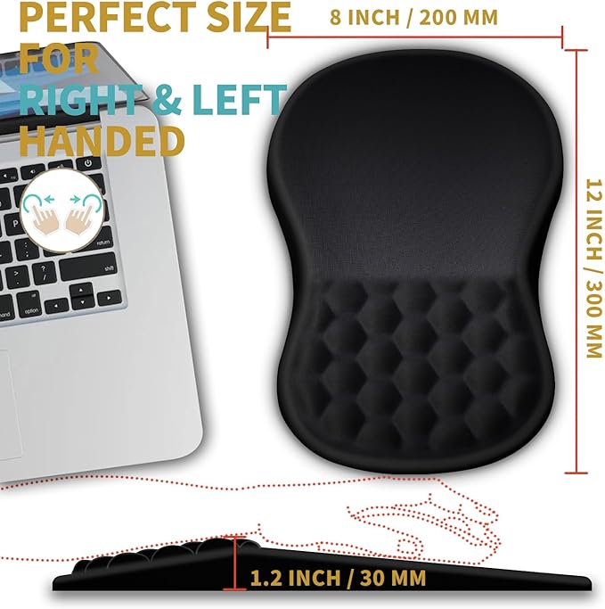 Hokafenle Ergonomic Mouse Pad Wrist Support with Massage Design, Wrist Rest Mousepad with Memory Foam&Non-Slip PU Base, Mouse Pads for Wireless Mouse & Desk (12x8 inch,Black)
