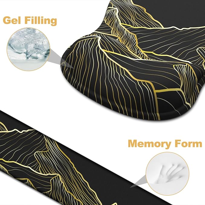 Ergonomic Mouse Pad with Wrist Rest and Keyboard Wrist Rest, Gel Mousepad and Wrist Rest for Computer Keyboard, Non-Slip PU Base, Black Mouse Pad with Wrist Support for Gaming, Mountain