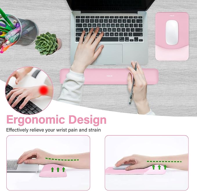 MOSISO Wrist Rest Support for Mouse Pad&Keyboard Set, Rectangular Ergonomic Mousepad Non-Slip Base Home/Office Easy Typing Pad with Neoprene Cloth&Raised Silicone Lining, Pink