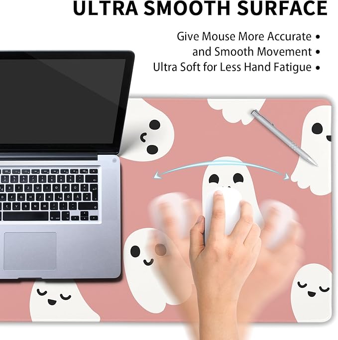 Halloween Cute Ghost Mouse Pad Kawaii Cartoon Spooky Funny Spirit Extended Desk Mat Non-Slip Rubber Base Stitched Edge Large XL Pink White Mousepad for Desk Gaming Laptop Desktop,31.5×11.8 Inch
