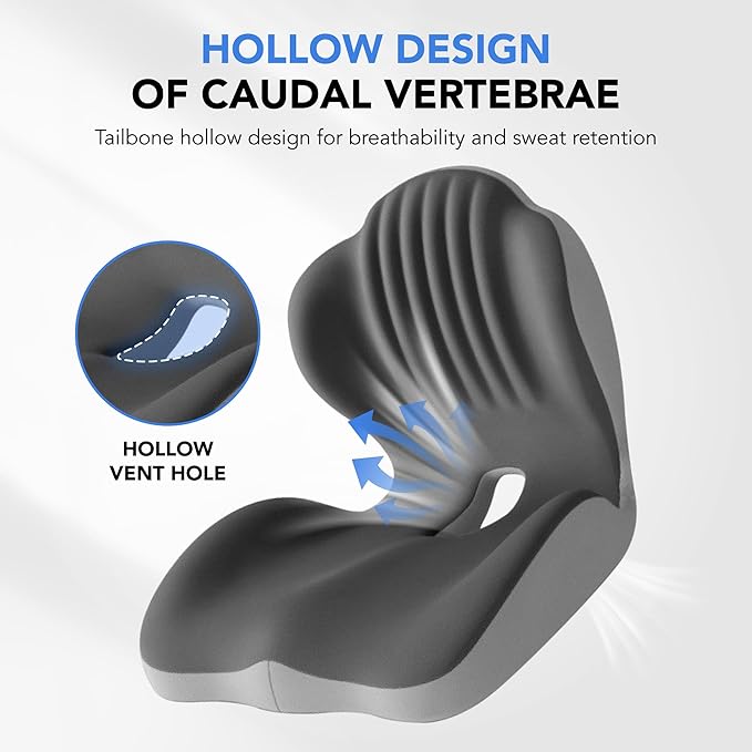 Ergonomic Waist Support and Seat Cushion, 2-in-1 Memory Foam Pad, Hollow Design for Coccyx, Suitable for Office Chairs, Car Safety Seats and Household Use - Relieves Lower Back and Hip Pain (Grey)