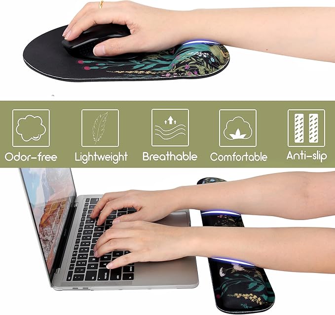 Ergonomic Mouse Pad with Wrist Rest and Keyboard Wrist Rest, Memory Foam Wrist Rest for Computer Keyboard, Easy Typing, Mouse Pad Wrist Support for Gaming,Office, Laptop, Black Flower