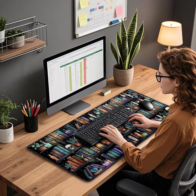 Gothic Library Large Gaming Mouse Pad 31.5"x15.7"｜Vintage Bookshelf XXL Desk Mat, Non-Slip Rubber Base & Stitched Edges - Extended Waterproof Mousepad for PC/Laptop/Office/Home Decor