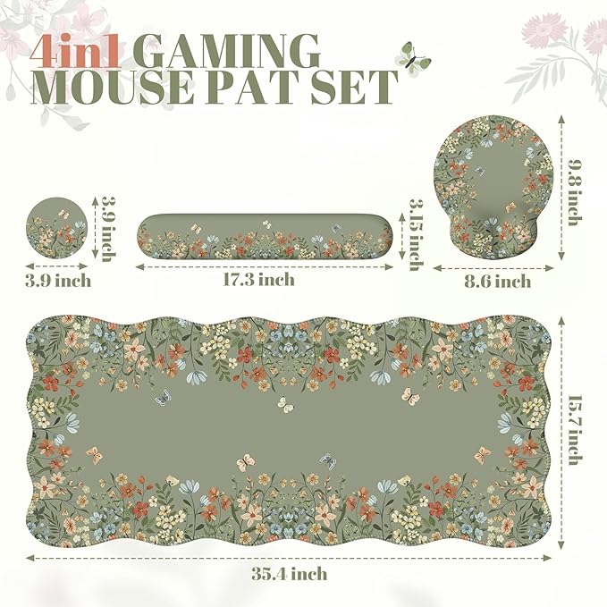 iCasso Desk Mat Set,Large Mouse Pad with Wrist Rest,Ergonomic Keyboard Wrist Support for Women,Girly Floral Computer Mat with Scalloped Edges,Non-Slip Desk Pad Home Office Gaming (Green)
