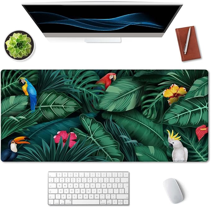 SSOIU Tropical Plants and Birds Large Desk Pad, Extra Large Gaming Mat, Non Slip Rubber Base, Stitched Edges - 35.5" x 15.7" for Work, Game, Office, Home