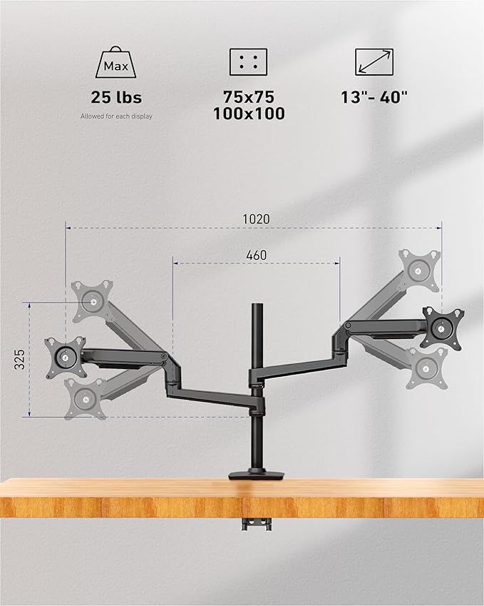 Quad Monitor Mount, Holds Screens up to 40 Inches and 25 lbs, Fully Adjustable 4 Monitor Stand with C-Clamp and Grommet Base, Aluminum, Black
