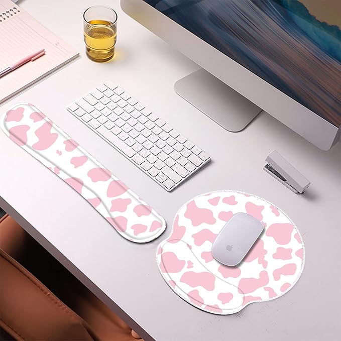 2Pcs Keyboard Wrist Rest Pad and Mouse Wrist Rest Support Mouse Pad Set,Ergonomic Support,Gaming Mouse Pad,Memory Foam,Non-Slip Base,for Computer Gamer Home Office Western-Pink Cow Pattern