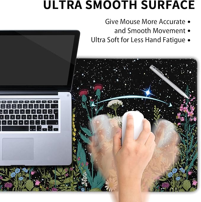 Black Aesthetic Wildflower Large Mouse Pad XXL Space Galaxy Weeds Herb Cute Floral Extended Large Desk Mat Big Desk Pad 90X40 CM Non-Slip Rubber Base Stitched Edge Long Mousepad,35.4 x 15.7 Inch
