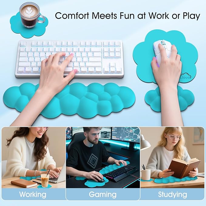 Cloud Wrist Rest Keyboard Cushion, 4-in-1 Ergonomic Cloud Keyboard Wrist Rest and Mouse Pad Set with Memory Foam Arm Support for Palm, Cute Desk Accessory for PC Gaming Setup, Scuba Blue