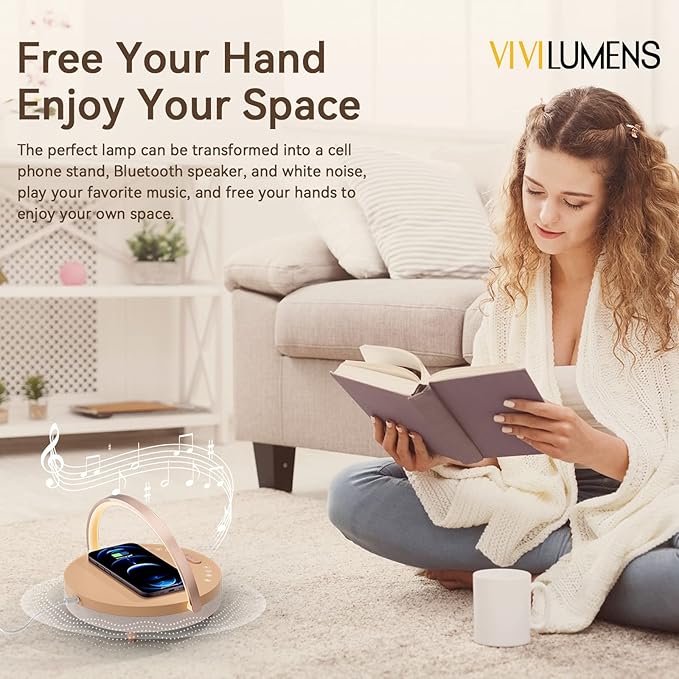 Vivilumens Birthday Gifts for Women 6 in 1 Bedside Lamps with Wireless Charger Bluetooth Speaker White Noise Machine Timer Setting Dimmable Touch Personalized Night Light with Phone Holder(Pink
