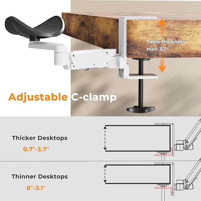 JOY worker Universal Clamp-on Adjustable Armrest, Ergonomic 360° Rotating Elbow Rest Pad for Desk, 6-Level Height Desk Arm Support for Thicker Desktop, Left/Right Hand, White