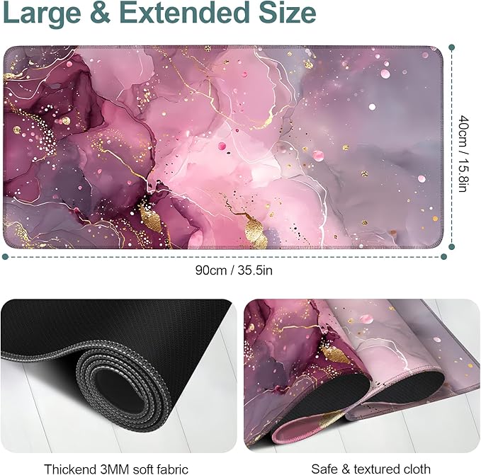 Pink Marble Gaming Mouse Pad 35.4x15.7Inch Large Desk Mat Anti-Slip Rubber Base & Durable Stitched Edges for Gamers Smooth Mouse Writing Surface for Desk Office/Home