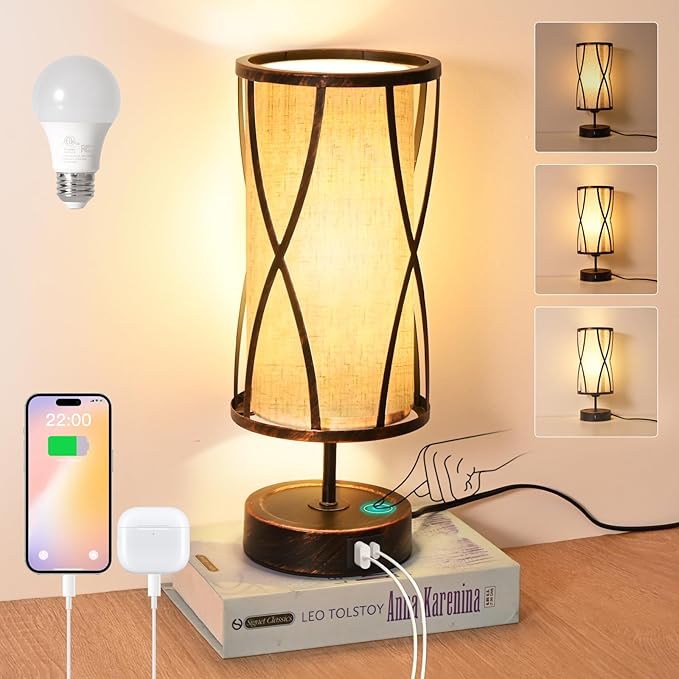 Distressed Table Lamps for Living Room, 3 Way Dimmable Touch Lamps, Small Bedside Lamps with LED Bulbs, USB Ports C+A, Nightstand Lamp for Kids Room, Bedroom, Office (2 Pack Iron)