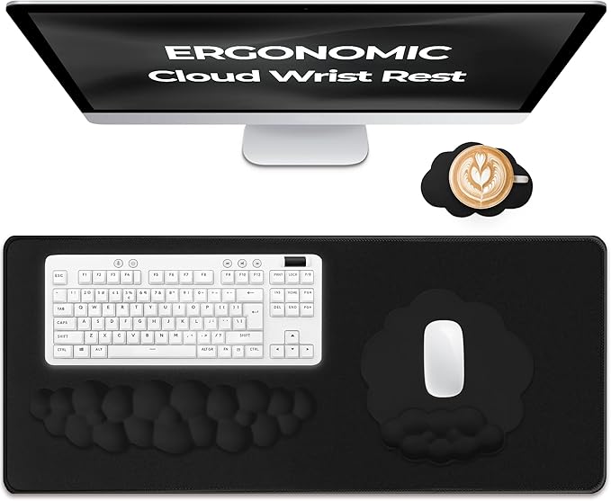 Premium Quality Cloud Wrist Rest Keyboard & Mouse Pad Set – Ergonomic Memory Foam Desk Accessories with Wrist Support for Office & Gaming – Black Fabric