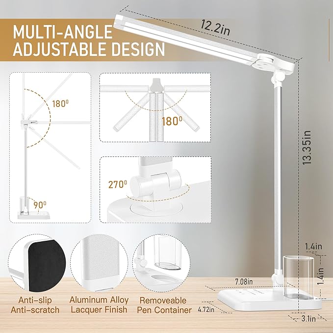 LED Desk Lamp Dimmable Table Lamp with USB Charging Port, 50 Lighting Modes, Adjustable Foldable Dual Swing Arm Architect Desk Lamp for Home Office, Eye-Caring Reading Lamp w/Pen Holder 45min Timer