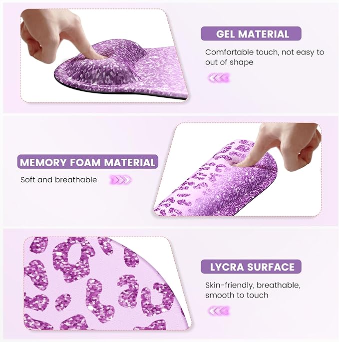 iLeadon Mouse Pad Set, Desk Mat + Mouse Pad with Wrist Rest + Keyboard Wrist Rest + Coaster, 4in1 Large Gaming Mouse Pad Glitter Leopard Mouse and Keyboard Pad Set for Home Office, Purple