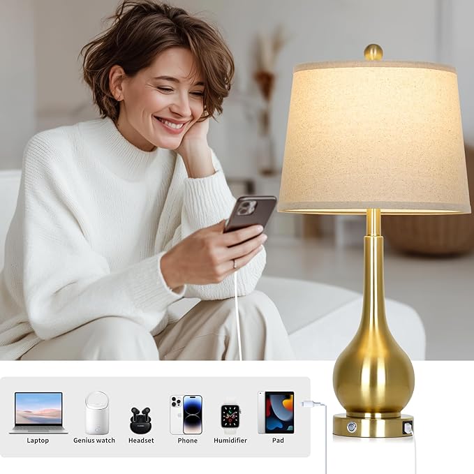 26" Gold Table Lamp for Living Room Single, Touch Control Bedside Lamp for Bedroom, 3-Way Dimmable End Table Lamp for Nightstand with USB Charging Port (1 Pack)