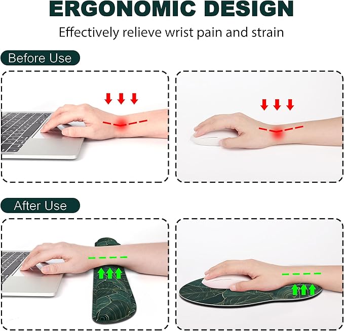 Ergonomic Mouse Pad with Wrist Rest and Keyboard Wrist Rest, Mousepad and Wrist Rest for Computer Keyboard, Non-Slip Base, Mouse Pad Wrist Support for Gaming, Office, Green Palm Leaf