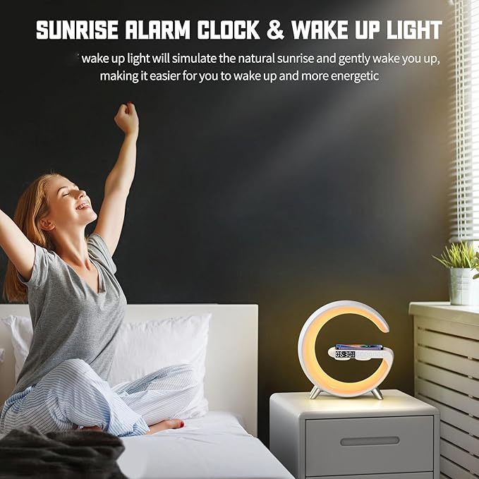 4-in-1 Wireless Charger Atmosphere Lamp, Bluetooth Speaker, LED Dimmable Night Light Table Lamp, Alarm Clock, Ideal Birthday Gift Room Decor (White, Key Control)