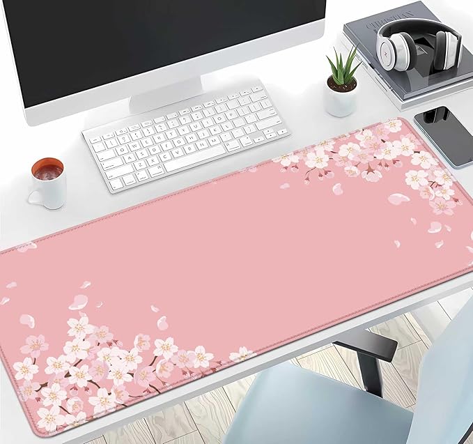IMAYONDIA Pink Japanese Desk Mat, Cherry Blossom Large Gaming Mouse Pad, Non-Slip Rubber Base Mousepad for Women, Desk Pad for Work, Game, Office, 31.5x11.8 Inch- Sakura Flowers Aesthetic