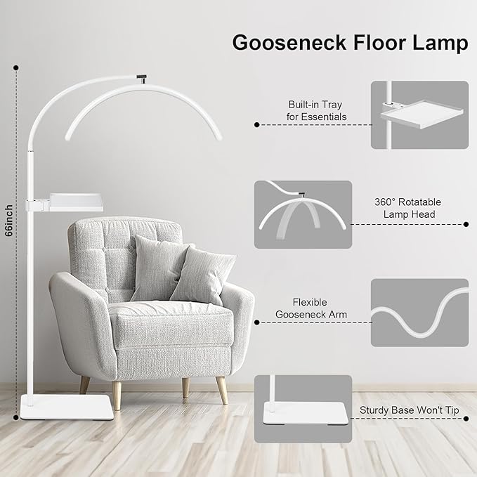Half Moon LED Floor Light with Tool Tray for Lash Techs, Eyelash Extensions, Estheticians, Skincare, Nail Art, Tattoo Artists, Home & Office - Professional Shadow-Free Lamp | Dimmable (White)