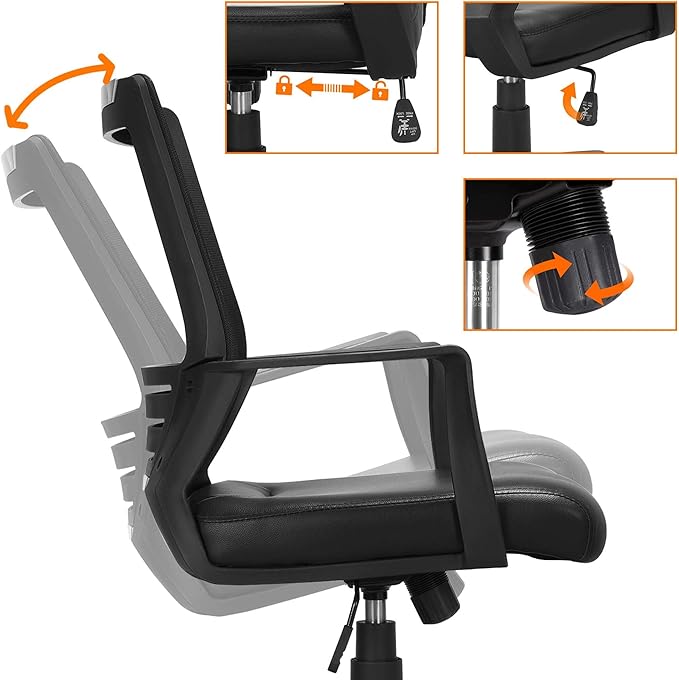 Yaheetech Mid Back Mesh Office Chair with Leather Seat Executive Office Computer Task Chair with Armrests and Lumbar Support, Black