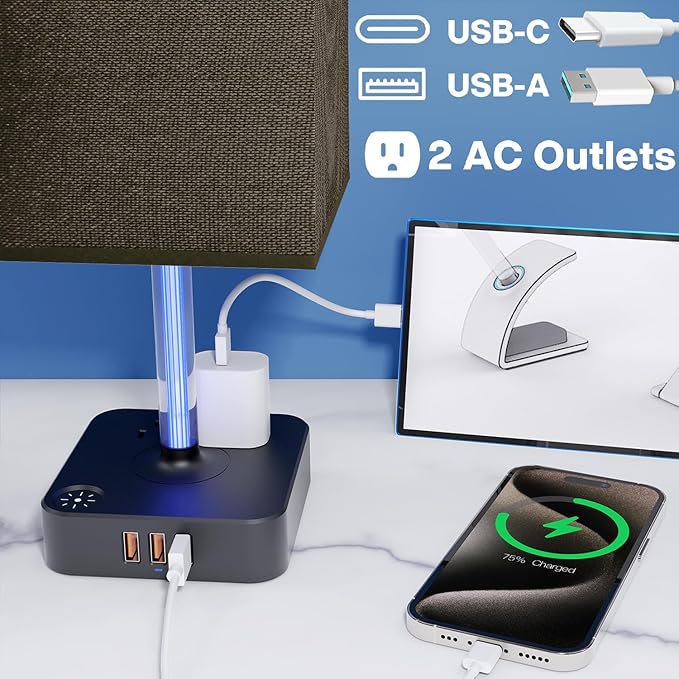 Bedside Table Lamp - Touch 3 Way Dimmable Lamp with 3 USB Charging Ports & 2 AC Outlets, Square Base Rectangular Flaxen Shade, Bedroom, Office, Dorm, Decor, LED Bulb Included (Black-Brown)