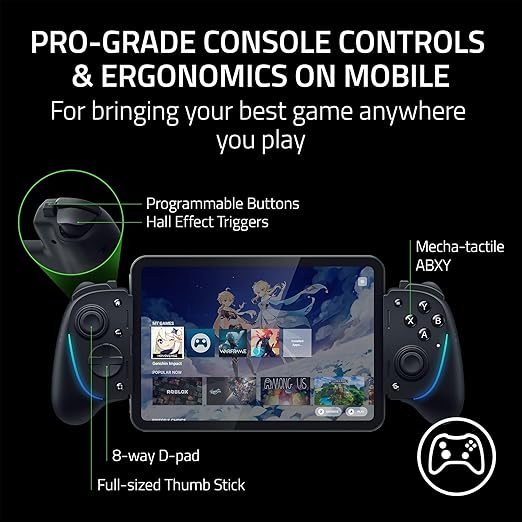 Razer Kishi Ultra Gaming Controller for Android, iPhone 15 & 16 Series, iPad Mini A17 Pro & 6 (USB C): Pro Controls - Ergonomic Grip - Stream PC, Xbox, PS5 Games on Mobile, Phone, Tablet - Chroma RGB