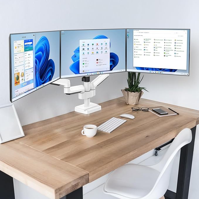 MOUNTUP Triple Monitor Stand Mount - 3 Monitors Desk Mount for Computer Screens Up to 27 inch, Triple Monitor Arm, Heavy Duty Monitors Stand, Each Arm Holds 4.4-19.8 lbs, White