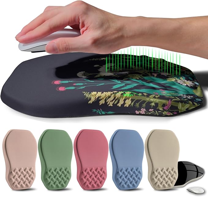Ergonomic Raised Mouse Pad Wrist Support with Bilateral Slope Memory Foam Mousepad for Wrist Rest and Carpal Tunnel 11.8x7.9〃Midnight Flowers