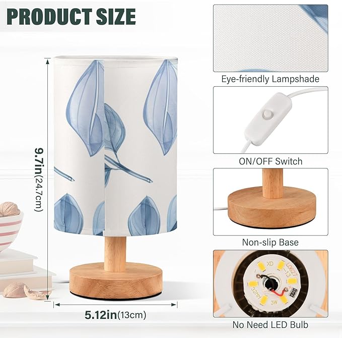 Blue Leaf LED Table Lamp, Bedside Lamp with Linen Lampshade, Flicker-Free Eye Care USB Plug in Nightstand Lamp, for Bedroom and Office