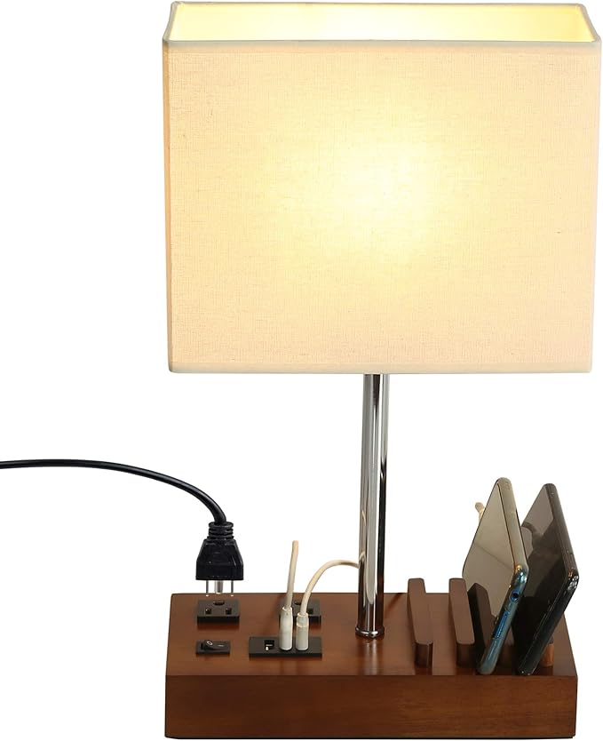 Briever USB Table Lamp, Multi-Functional Bedside Desk Lamp with 2 AC Outlets, 3 USB Charging Ports and Wooden Phone Stands, Modern Nightstand Lamp for Bedroom, Guest Room, Office