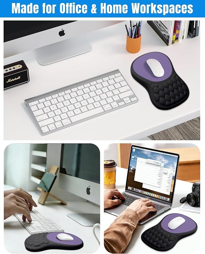 Ergonomic Mouse Pad with Wrist Rest, Slope Design Memory Foam Support, Smooth Lycra Surface, Non-Slip PU Base, Comfortable Mouse Mat for Office, Home, Computer Desk (Black&Purple)