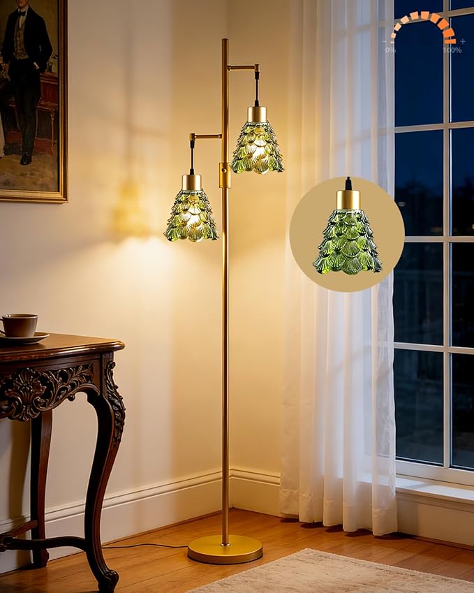 2-Light Glass Floor Lamp, Gold Tall Standing Lamps Dimmable with Green Glass Lampshade, 3000K Warmwhite Mid Century Modern Floor Lamp for Living Room/Bedroom/Sofa Beside/Home Decor