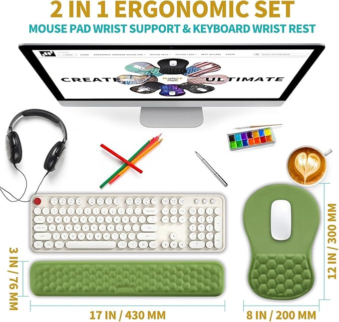Hokafenle 2 in 1 Ergonomic Mouse Pad Wrist Support & Wrist Rest for Computer Keyboard Set, with Memory Gel Massage Bulge Design (2In1 Set, Grass Green)