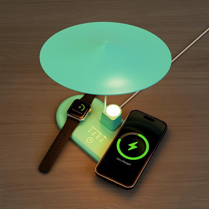 BUDI Multifunctional Table Lamp with Wireless Charger, 3 in 1 Charging Station Desk Lamp Touchable for Nightstand for Bedroom, Living Room, Home (Blue)