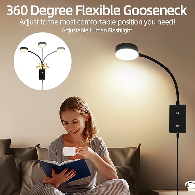 LED Wall Mounted Reading Light for Bed, Flexible Gooseneck Book Light for Wall Bedside Lamp with USB-A/C Output,Touch Control 5 Dimmable Headboard Bed Lights