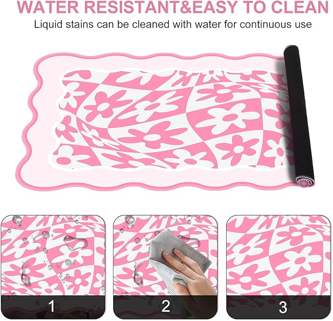 L-SPOUTTO Pink Mouse Pad,Retro Desk Mat XXL Large Scalloped Gaming Mousepad,35.4x15.7in Non-Slip Rubber Base Keyboard Pad Waterproof Desktop Mat for Laptop Computer Work Game Home Office-Pink Daisy