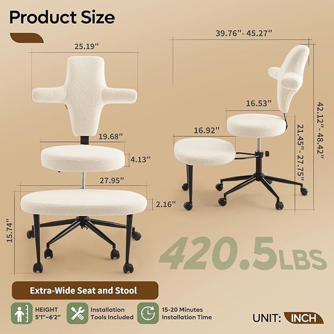Ergonomic Cross Legged Office Chair Extra Wide for ADHD and Meditation, Kneeling Chair with 360° Swivel Wheels and Reversible Seating, Adjustable Height and Seat Deapth, Teddy Fabric, White