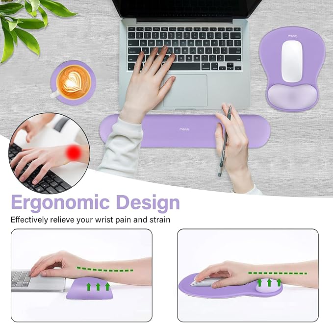 MOSISO Wrist Rest Support for Mouse Pad&Keyboard Set, Curved Ergonomic Mousepad&Coaster Non-Slip Base Home/Office Pain Relief&Easy Typing Cushion with Soft Cloth&Silicone Lining, Purple
