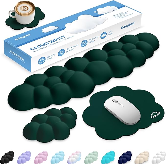 Cloud Wrist Rest Keyboard Cushion, 4-in-1 Ergonomic Cloud Keyboard Wrist Rest and Mouse Pad Set with Memory Foam Arm Support for Palm, Cute Desk Accessory for PC Gaming Setup, Dark Green
