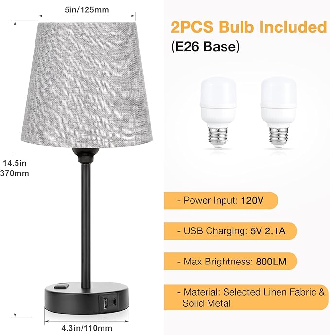 Grey Bedside Lamps for bedrooms Set of 2 - Nightstand Bedroom Lamp with USB C Port and AC Outlet Charging, 3 Way Dimmable Touch Control Small Bed Side Table Lamp, Night Stand Light for Kids/Guest Room