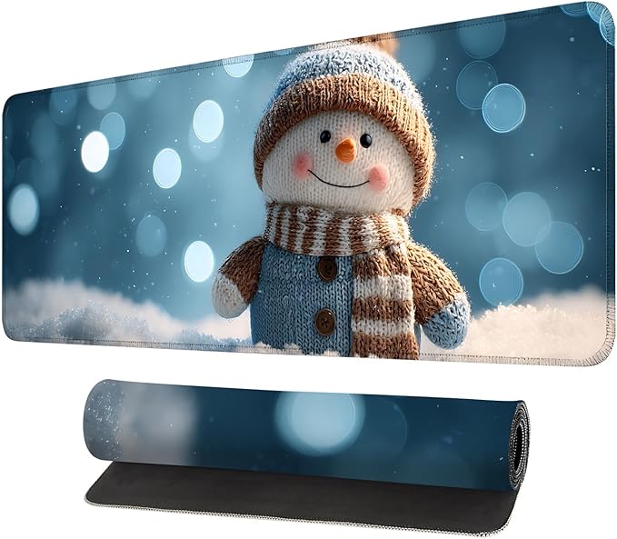 Desk Mat, XXL Extended Gaming Pad for Desktop, 35x16 Inches Scarf and Hat Snowman, Large Non-Slip Vegan Leather Surface with Stitched Edges, Keyboard Mouse Mat for Home Office