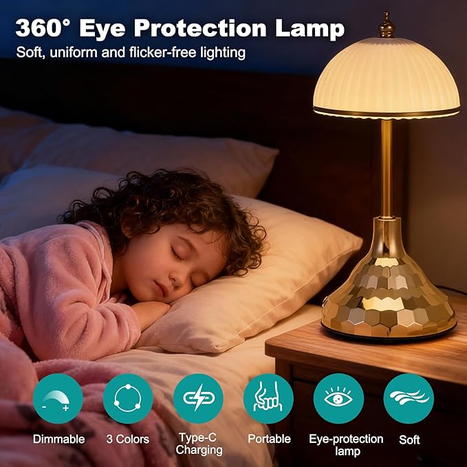 Touch lamp,night light for kids,rechargeable light, suitable for bedrooms, desks, terraces,and outdoor tables. Dimmable LED eye-protection night light,also an ideal Christmas gift for teenagers.(Gold)