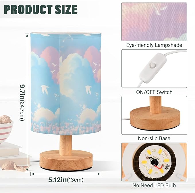 Dreamy Sky-Cloud LED Table Lamp, Bedside Lamp with Linen Lampshade, Flicker-Free Eye Care USB Plug in Nightstand Lamp, for Bedroom and Office