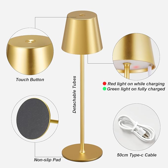 Cordless Table Lamp Rechargeable Gold - KK 2 Pack 5000mAH Battery Operated Lamp for Dining Table, 3 Color Stepless Dimming Waterproof LED Wireless Lamp for Counter, Outdoor Patio, Touch Control