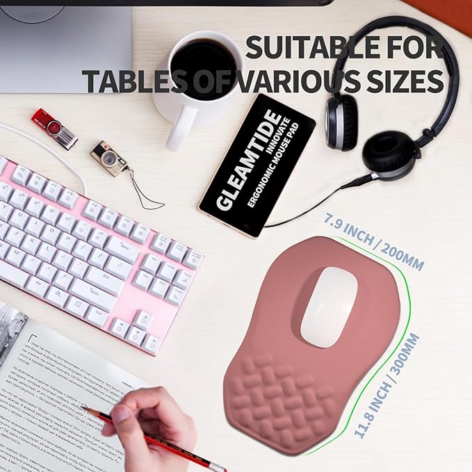 Ergonomic Raised Mouse Pad Wrist Support with Bilateral Slope Memory Foam Mousepad for Wrist Rest and Carpal Tunnel 11.8x7.9〃 Salmon Pink