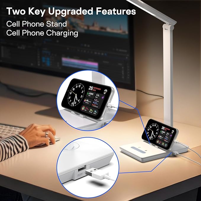 UK Plug Adapter Desk Lamp for 9 Level Brightness Touch Control & 5 Lighting Modes, 14W 900LM Dimmable Eye-Caring Reading LED Desk Light with USB Charging Port, Dimmable Home Office Desk Light