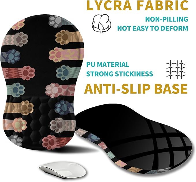 Hokafenle Ergonomic Mouse Pad Wrist Support, Wrist Rest Mousepad for Carpal Tunnel with Integrated Memory Foam Slope Massage Bulge (11.8x7.9 inch,Cute Cat Claw)